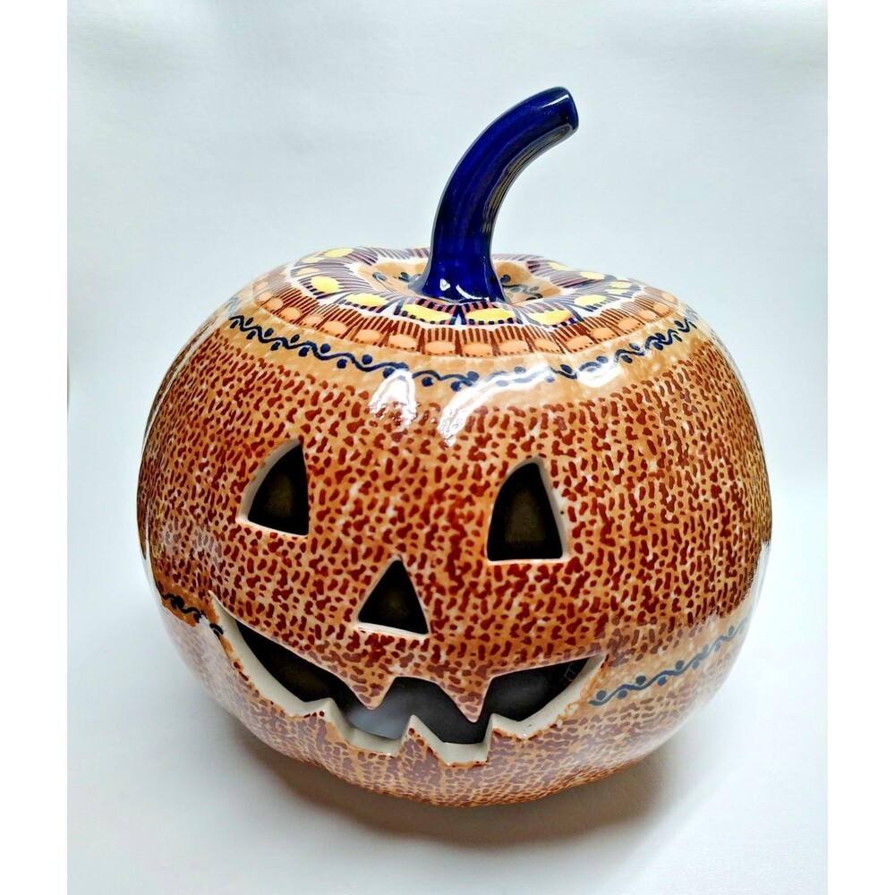 Polish Pottery Pumpkin Jack o Lantern Halloween Fall Decor 8-1/2" Tall 8" Wide